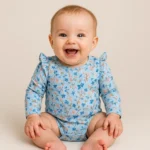 تنخور بادی دخترانه آستین کوتاه طرح گل رنگ آبی نیم ایت