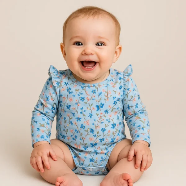 تنخور بادی دخترانه آستین کوتاه طرح گل رنگ آبی نیم ایت