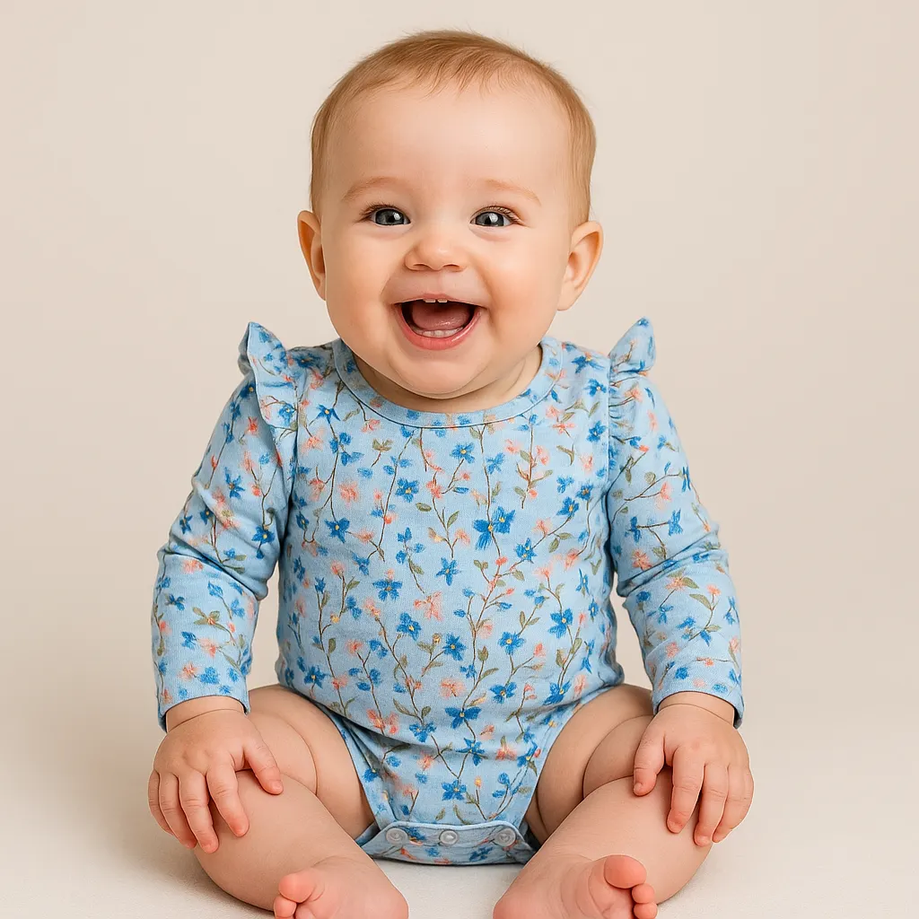 تنخور بادی دخترانه آستین کوتاه طرح گل رنگ آبی نیم ایت