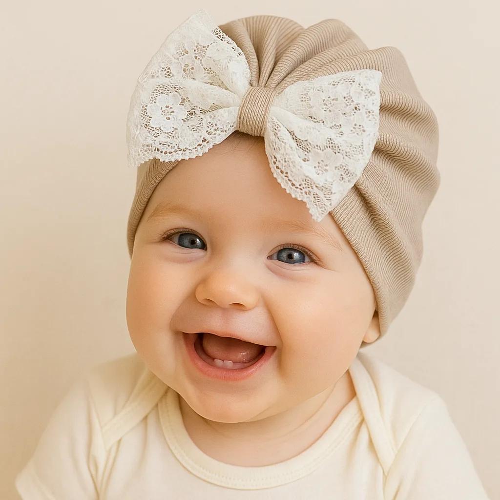 توربان دخترانه پاپیون دار رنگ خاکی برند ماوی روی سر بچه