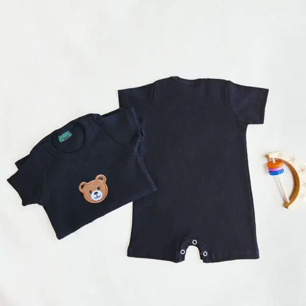 رامپر آستین کوتاه کبریتی طرح خرس رنگ مشکی