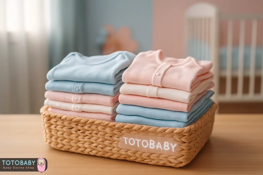 سبدی از لباس‌های نخی و نرم کودک، تا شده و تمیز، با رنگ‌های آبی روشن، صورتی و سفید، روی یک میز چوبی روشن