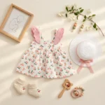 ست پیراهن و کلاه وارداتی بالدار طرح گیلاس رنگ سفید صورتی برند Bei Bei Kids