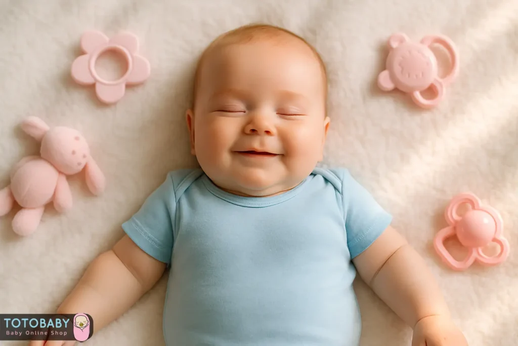 نوزاد ۵ ماهه با لباسی نخی و سبک به رنگ آبی روشن، خوابیده روی پتوی نرم سفید