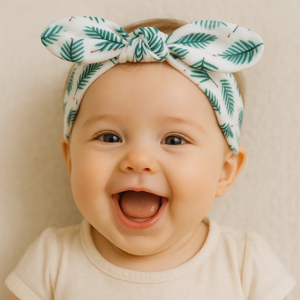 هدبند دخترانه طرح برگ کاج روی سر نوزاد