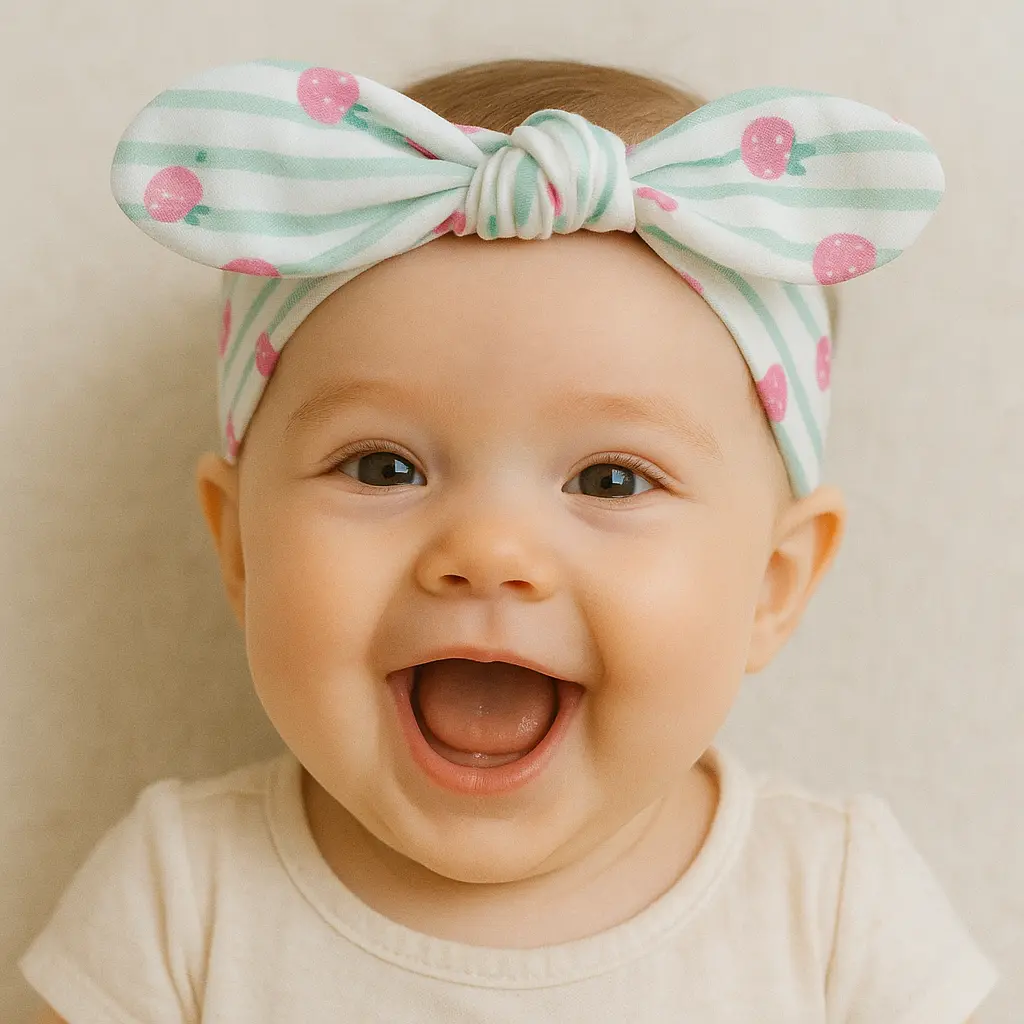 هدبند دخترانه طرح راه راه توت فرنگی روی سر نوزاد