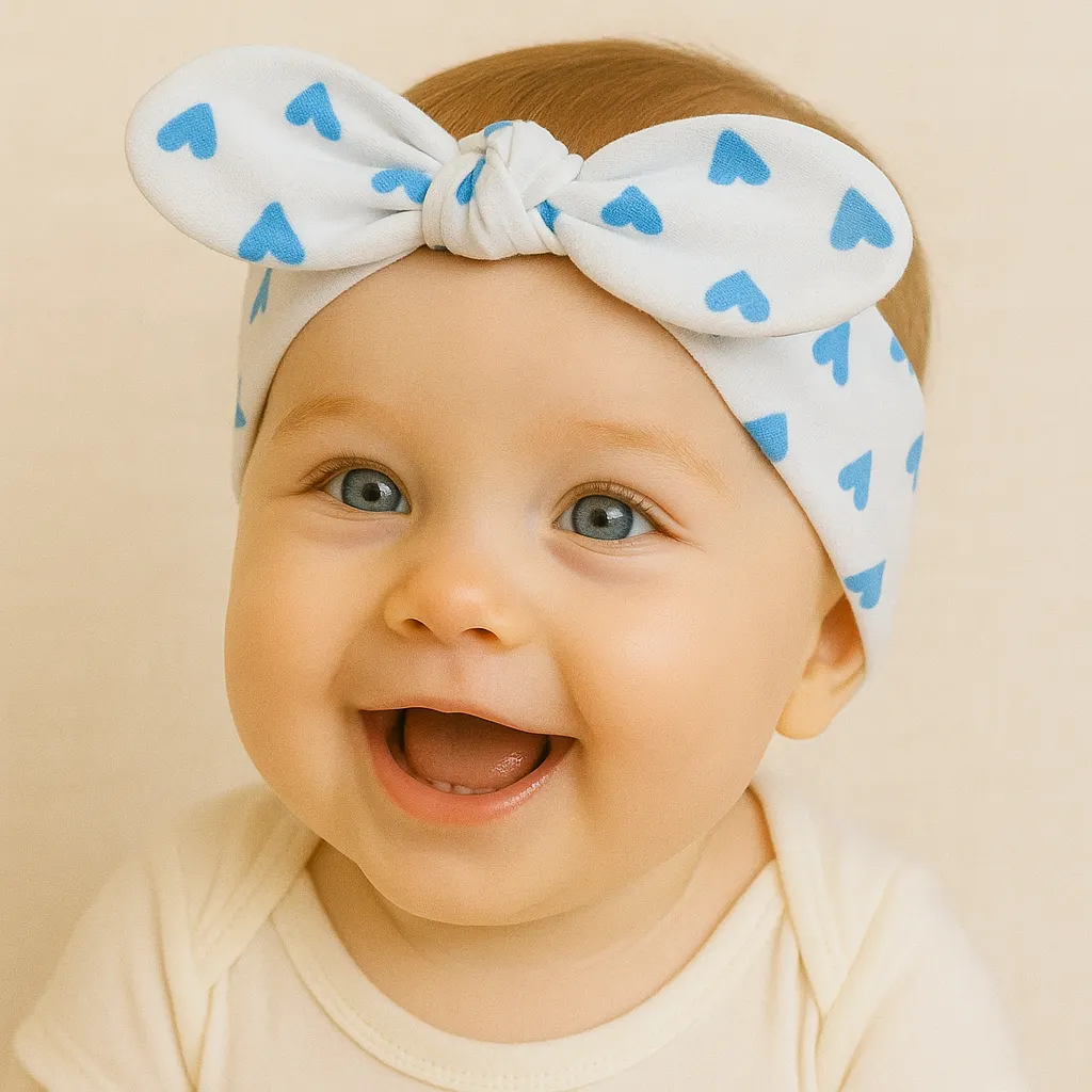 هدبند دخترانه طرح قلب های آبی روی سر نوزاد