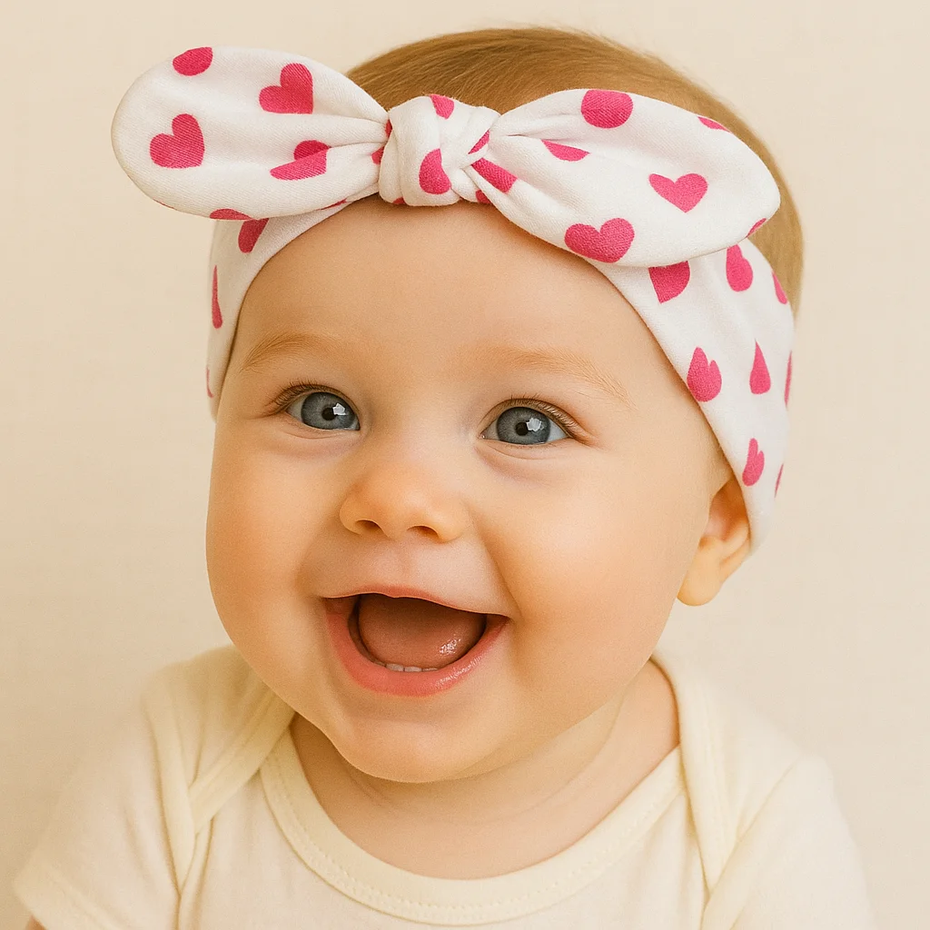 هدبند دخترانه طرح قلب های صورتی روی سر نوزاد
