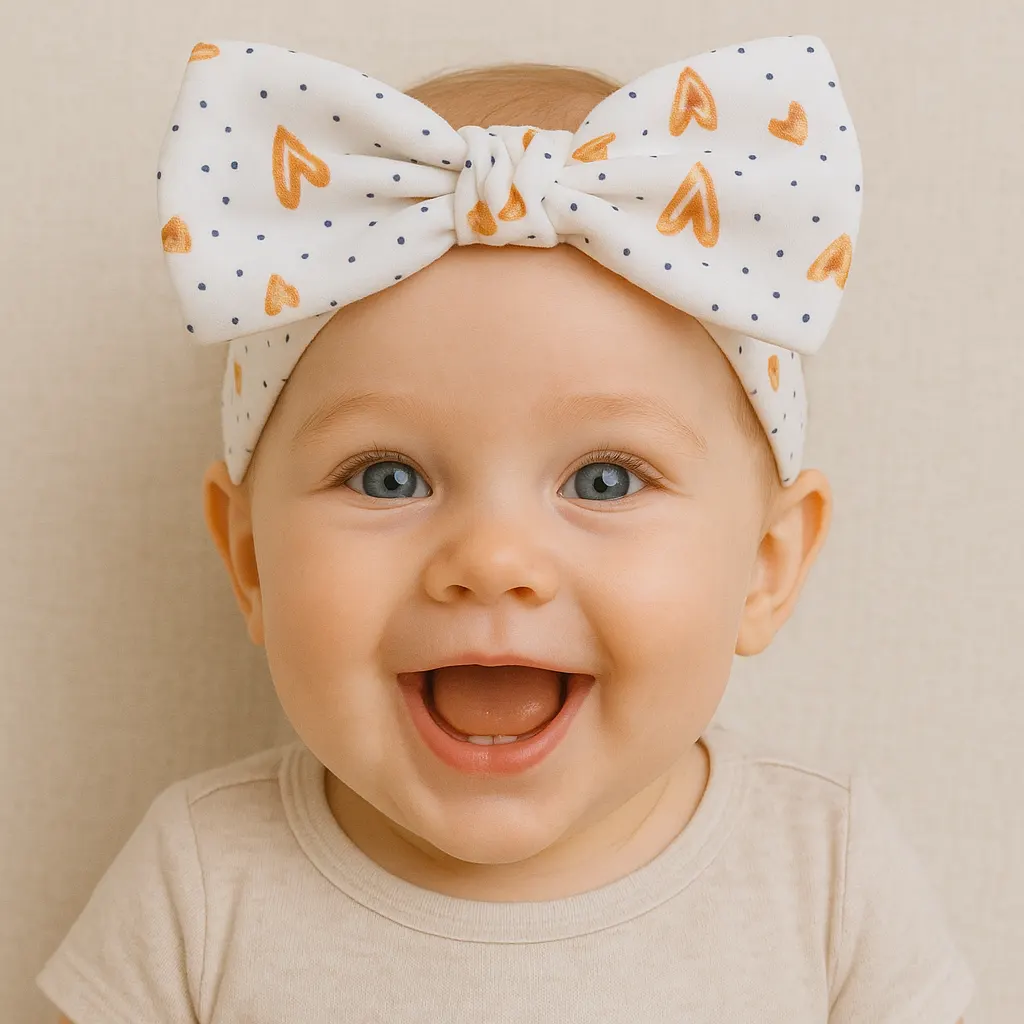 هدبند دخترانه طرح قلب های طلایی روی سر نوزاد