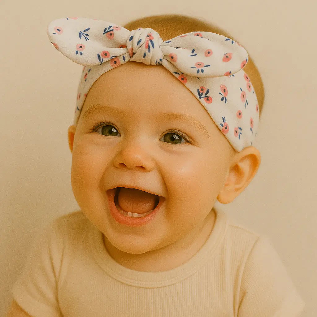 هدبند دخترانه طرح گل های صورتی سرمه ای روی سر نوزاد