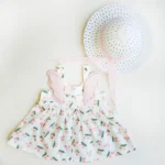 پیراهن دخترانه بالدار صورتی به همراه کلاه طرح گیلاس