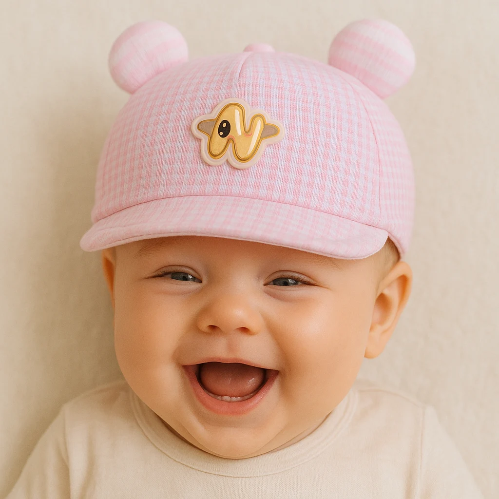 کلاه نقاب دار گوش دار کد 10126 رنگ صورتی روی سر نوزاد