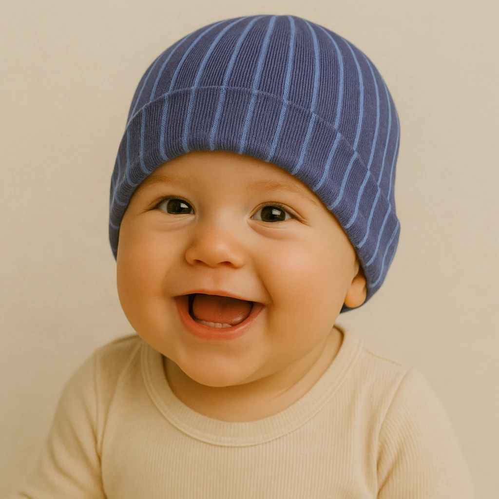 کلاه نوزادی طرح راه راه برند کارترز روی سر بچه