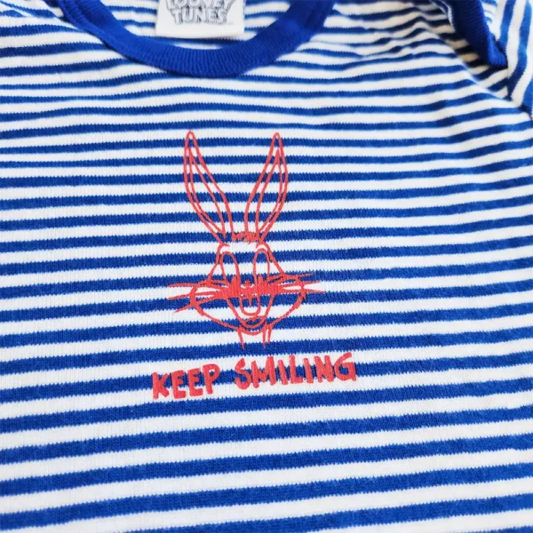 بادی آستین کوتاه راه راه سفید و آبی طرح keep smiling برند Looney Tunes