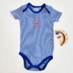 بادی آستین کوتاه وارداتی راه راه سفید و آبی طرح keep smiling برند Looney Tunes