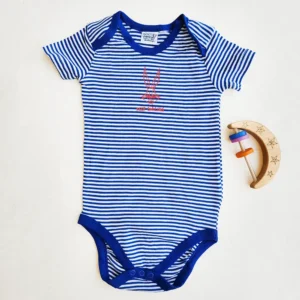 بادی آستین کوتاه وارداتی راه راه سفید و آبی طرح keep smiling برند Looney Tunes