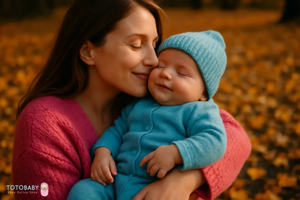 نوزاد در بغل مادر درپاییز