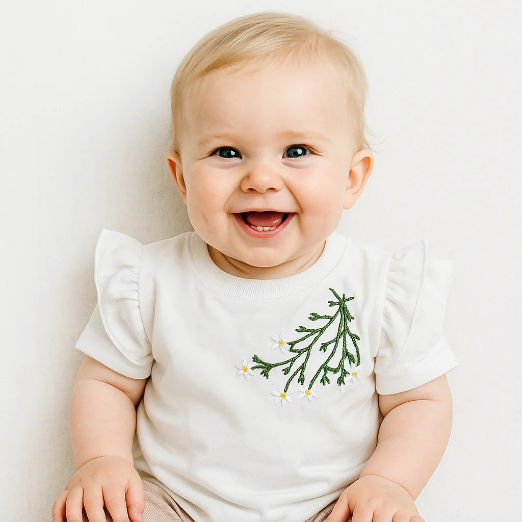 تیشرت دخترانه با آستین چین دار با گلدوزی