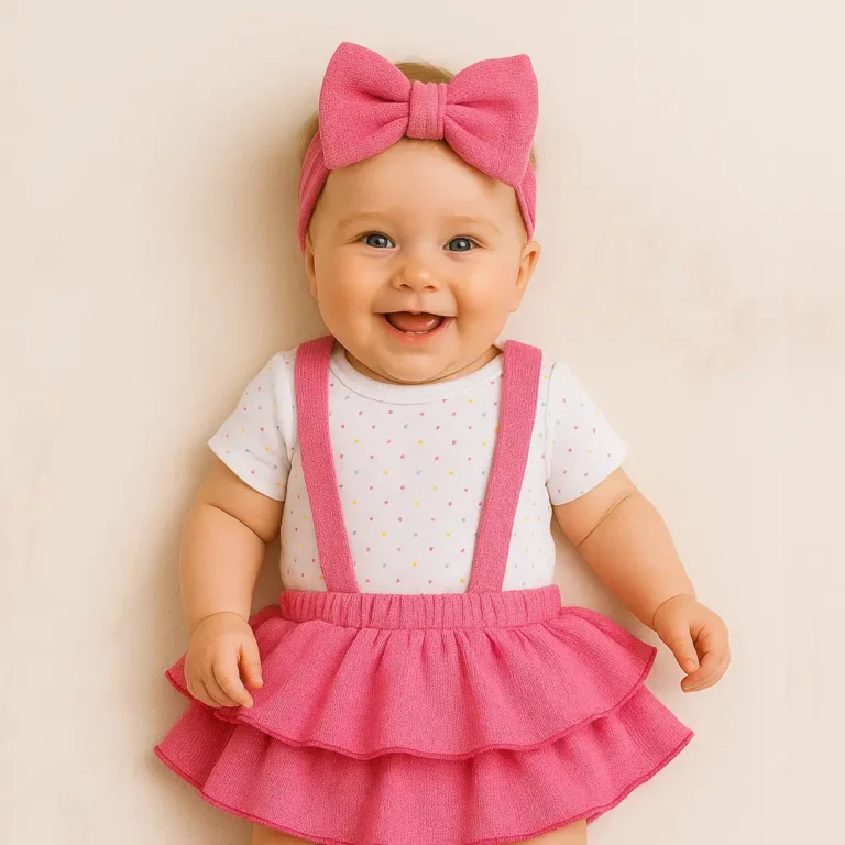 ست بیلر دامن دخترانه بیسکویتی با هدبند پاپیونی رنگ سرخابی