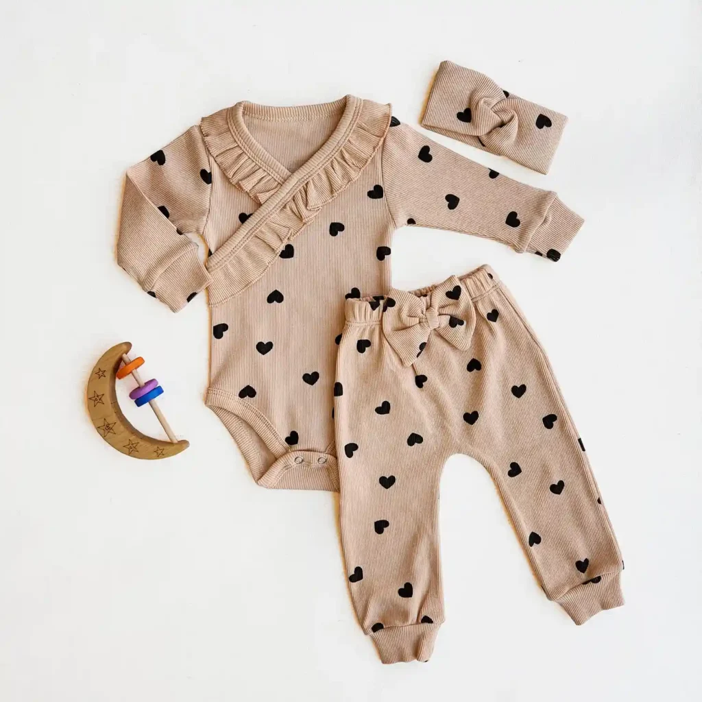 ست بادی آستین بلند کبریتی و شلوار به همراه هدبند طرح قلبی رنگ نسکافه ای