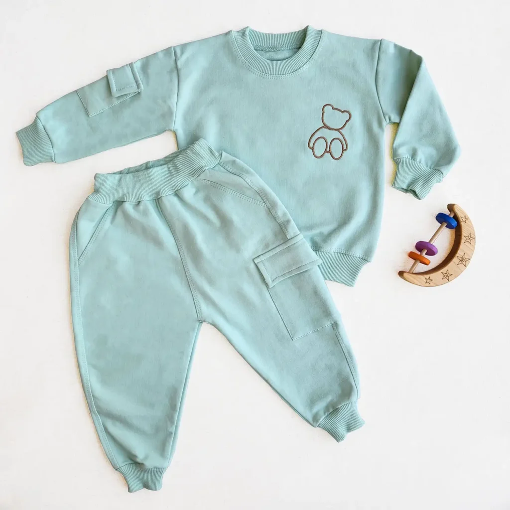 ست دورس و شلوار دو نخ طرح تدی رنگ سبز آبی