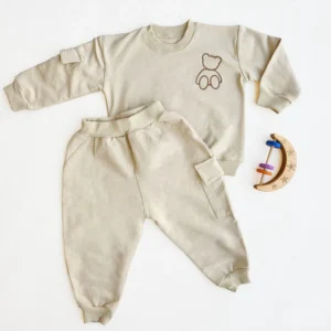 ست دورس و شلوار دو نخ طرح تدی رنگ کرم