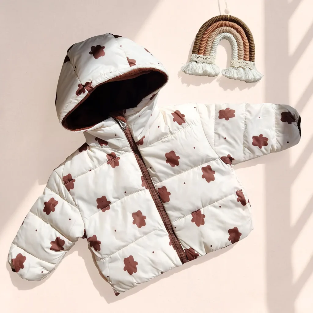 کاپشن دو رو کلاهدار وارداتی طرح خرسی رنگ کرم قهوه ای