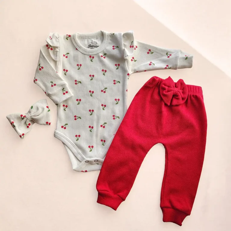 ست بادی آستین بلند کبریتی و شلوار به همراه هدبند طرح آلبالو