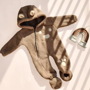 سرهمی تدی کلاه دار به همراه پاپوش مدل خرسی رنگ شکلاتی