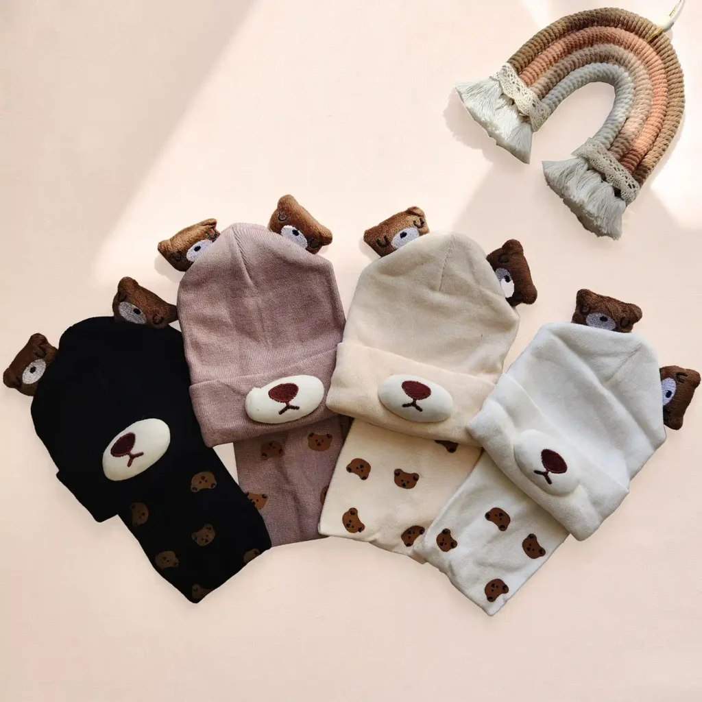 کلاه و شال گردن حلقه ای نوزادی طرح تدی