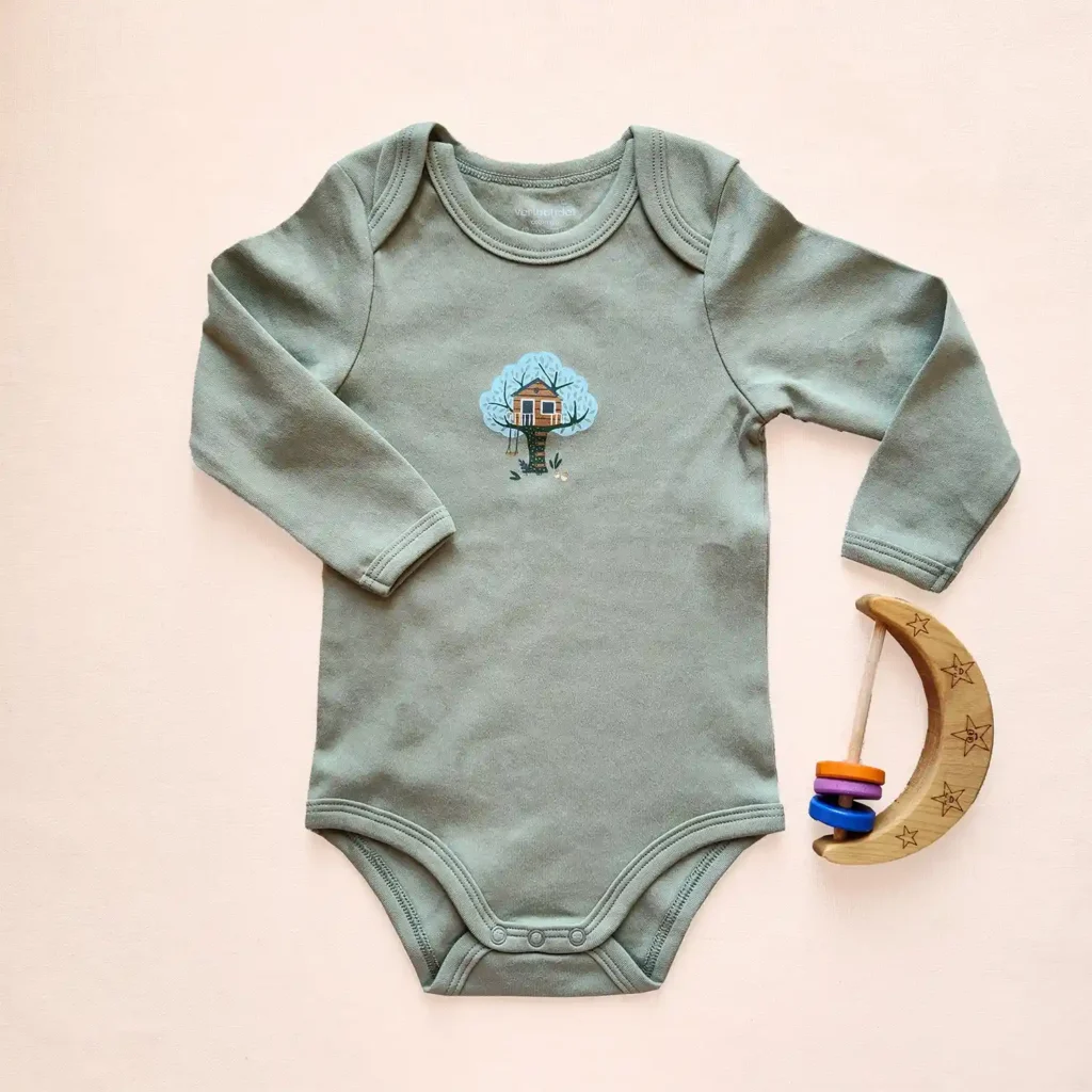 بادی آستین بلند یقه هفت طرح خانه و درخت رنگ سبز برند vertbaudet