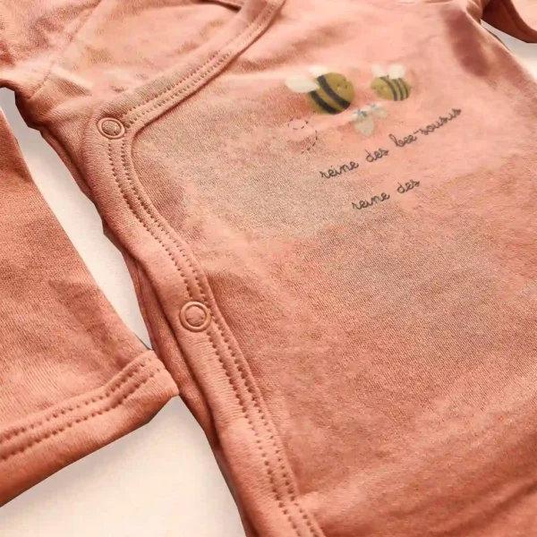 بادی آستین بلند یقه هفت طرح زنبور رنگ صورتی vertbaudet