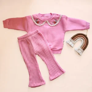 ست دورس و شلوار حوله‌ای دمپا دخترانه وارداتی ترک مدل گلدوزی رنگ صورتی