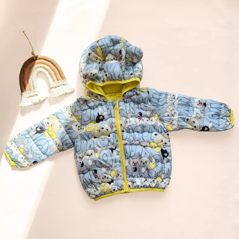 کاپشن جیب دار و کلاه دار وارداتی طرح خرسی رنگ آبی