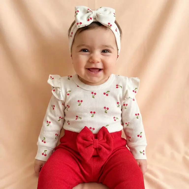 تن خور ست بادی آستین بلند کبریتی و شلوار به همراه هدبند طرح آلبالو