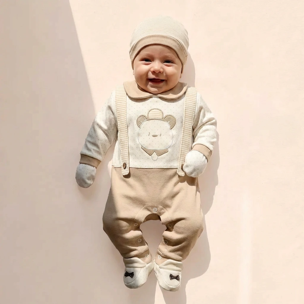 تن خور ست بیمارستانی طرح خرس خال خالی رنگ سفید کرم برند گودمارک