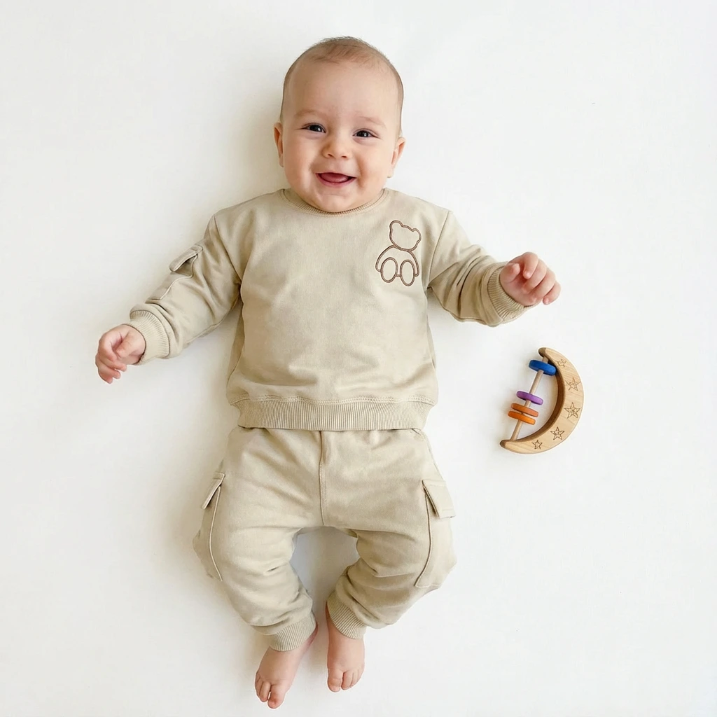 تن خور ست دورس و شلوار دو نخ طرح تدی رنگ کرم