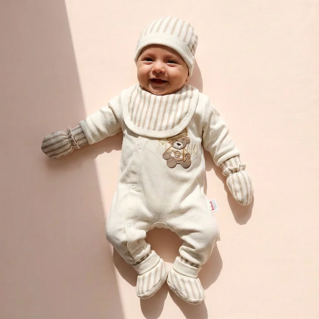 تن خور ست بیمارستانی طرح خرسی مدل راه راه رنگ سفید برند ببک