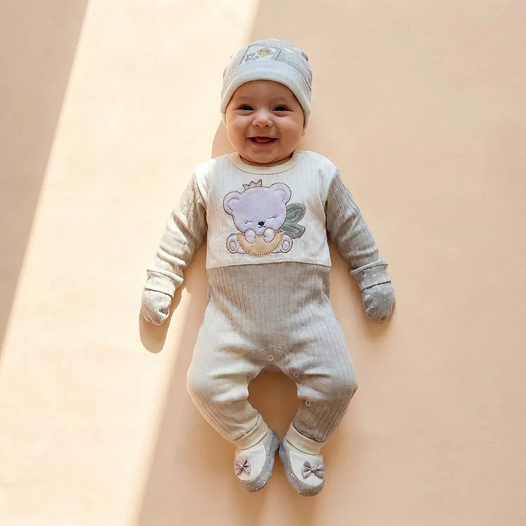 تن خور ست بیمارستانی طرح خرس بامزه رنگ سفید طوسی برند ببک