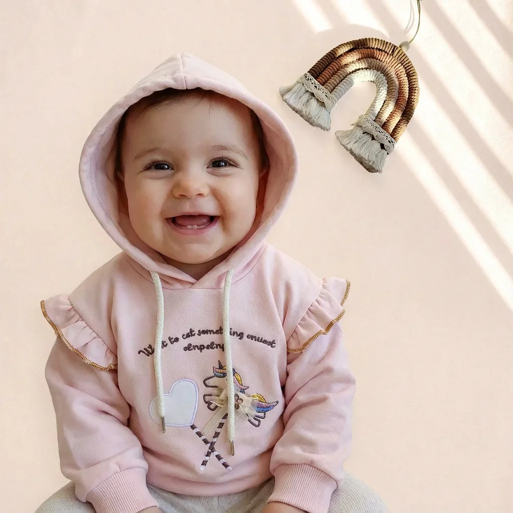 تن خور هودی وارداتی دو نخ دخترانه طرح یونیکورن رنگ صورتی