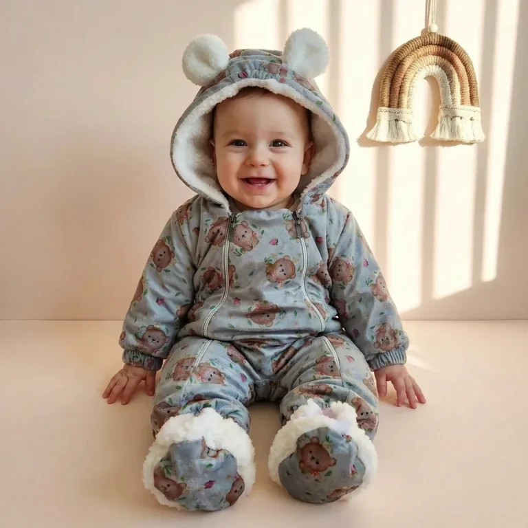 تنخور کاپشن سرهمی مخمل کلاه دار به همراه پاپوش طرح خرسی رنگ آبی طوسی