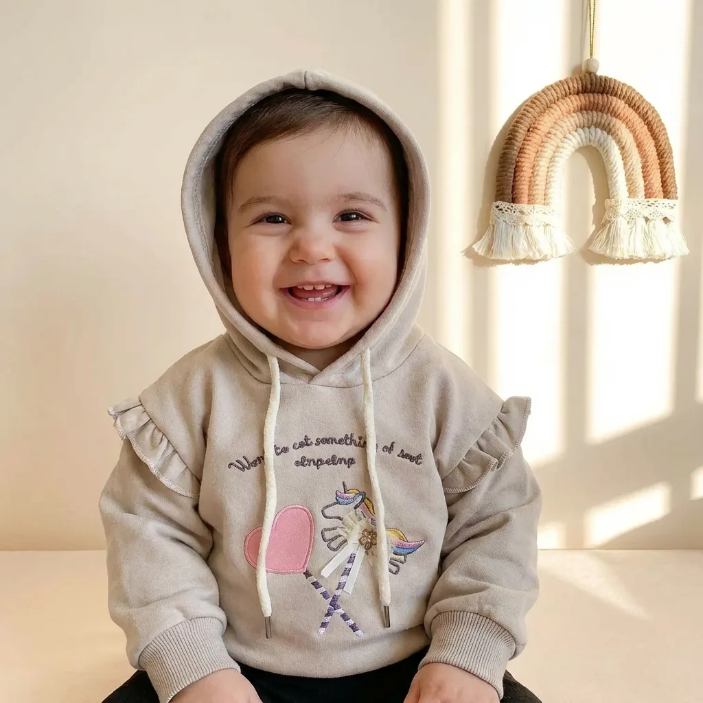 تن خور هودی وارداتی دو نخ دخترانه طرح یونیکورن رنگ کرم