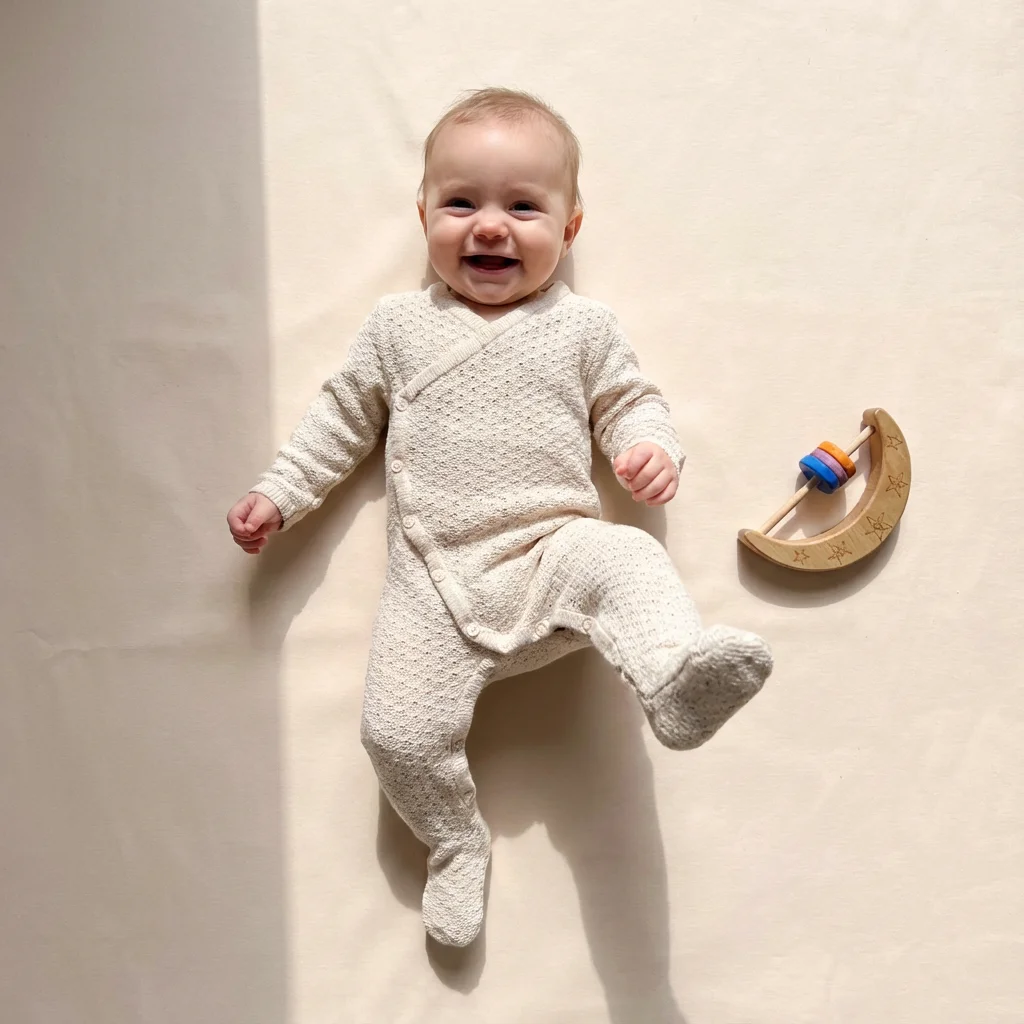 تن خور سرهمی نوزادی بافت وارداتی یقه هفت جوراب دار ساده رنگ کرم برند Baby Baby