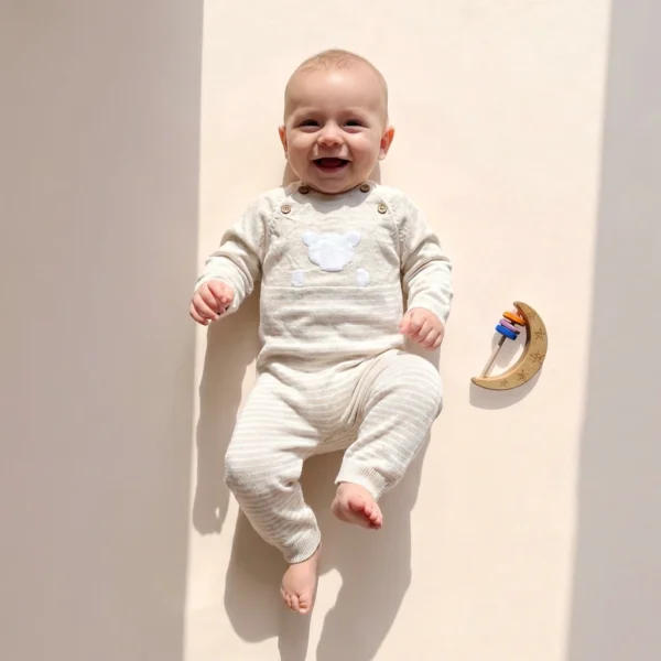 تن خور سرهمی نوزادی بافت وارداتی وارداتی راه راه طرح خرس رنگ کرم برند Next Baby