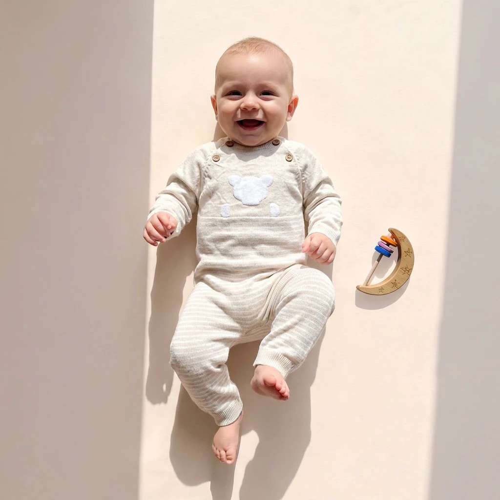 تن خور سرهمی نوزادی بافت وارداتی وارداتی راه راه طرح خرس رنگ کرم برند Next Baby