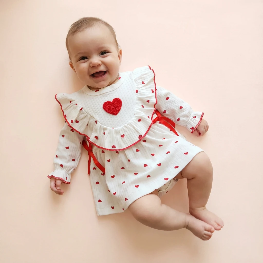 تن خور پیراهن دخترانه آستین دار وارداتی ترک طرح قلبی رنگ سفید