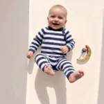 تن خور سرهمی نوزادی بافت وارداتی راه راه رنگ سفید سرمه ای برند Next Baby