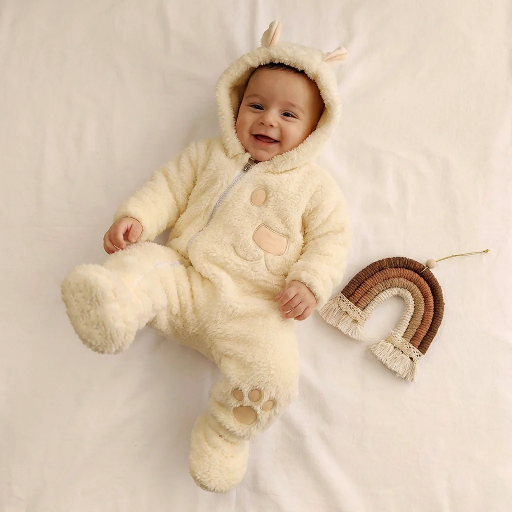 تن خور سرهمی تدی کلاه دار به همراه پاپوش مدل خرسی رنگ سفید شیری کد 10440