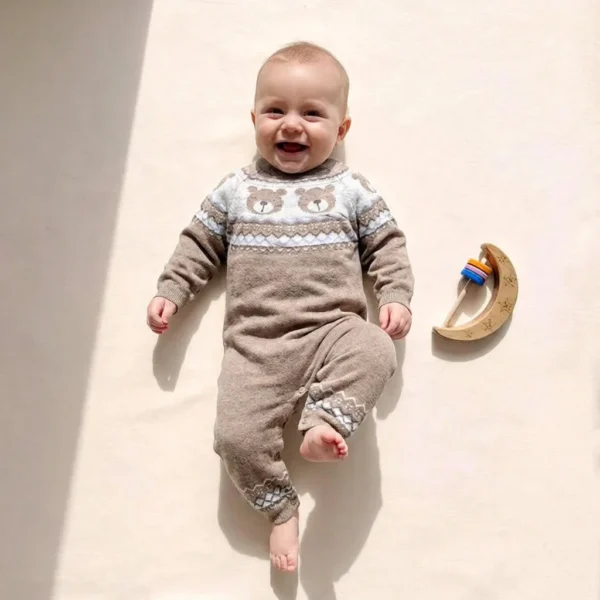 تن خور سرهمی نوزادی بافت وارداتی طرح تدی رنگ کرم تیره کد 10458