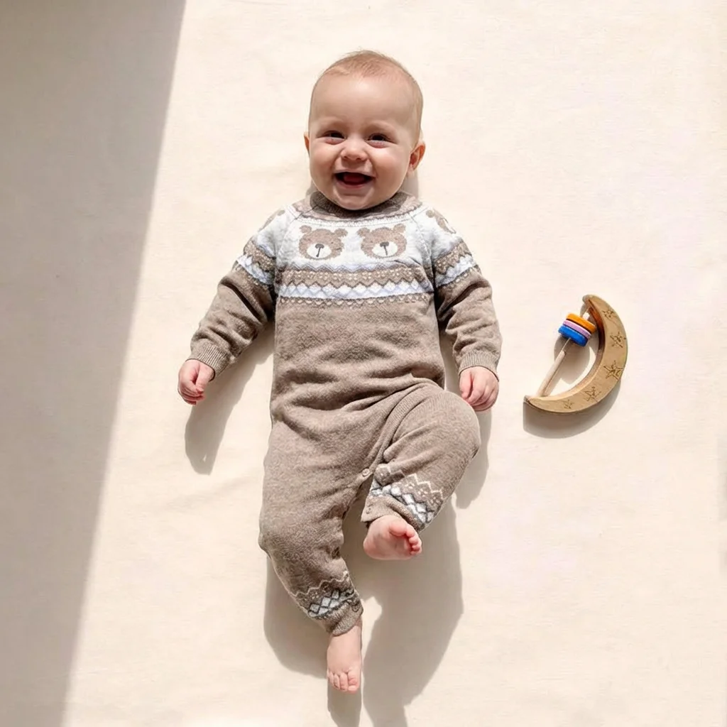 تن خور سرهمی نوزادی بافت وارداتی طرح تدی رنگ کرم تیره کد 10458